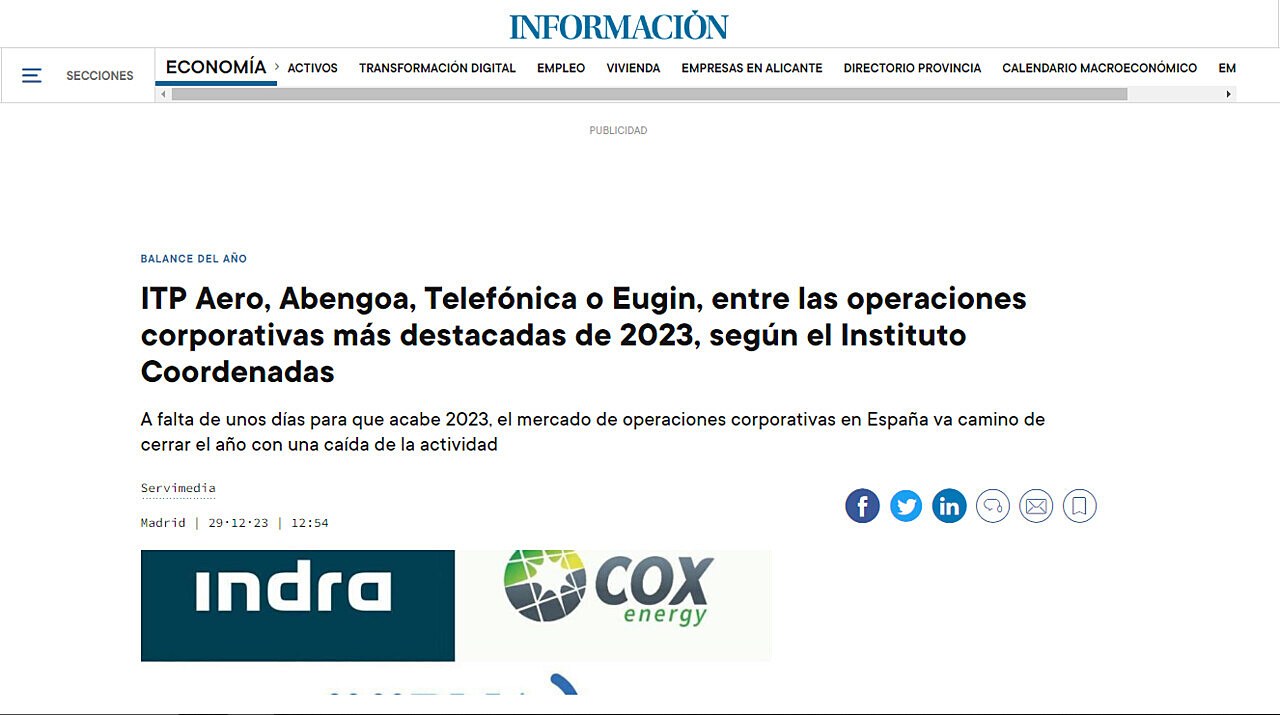 ITP Aero, Abengoa, Telefnica o Eugin, entre las operaciones corporativas ms destacadas de 2023, segn el Instituto Coordenadas
